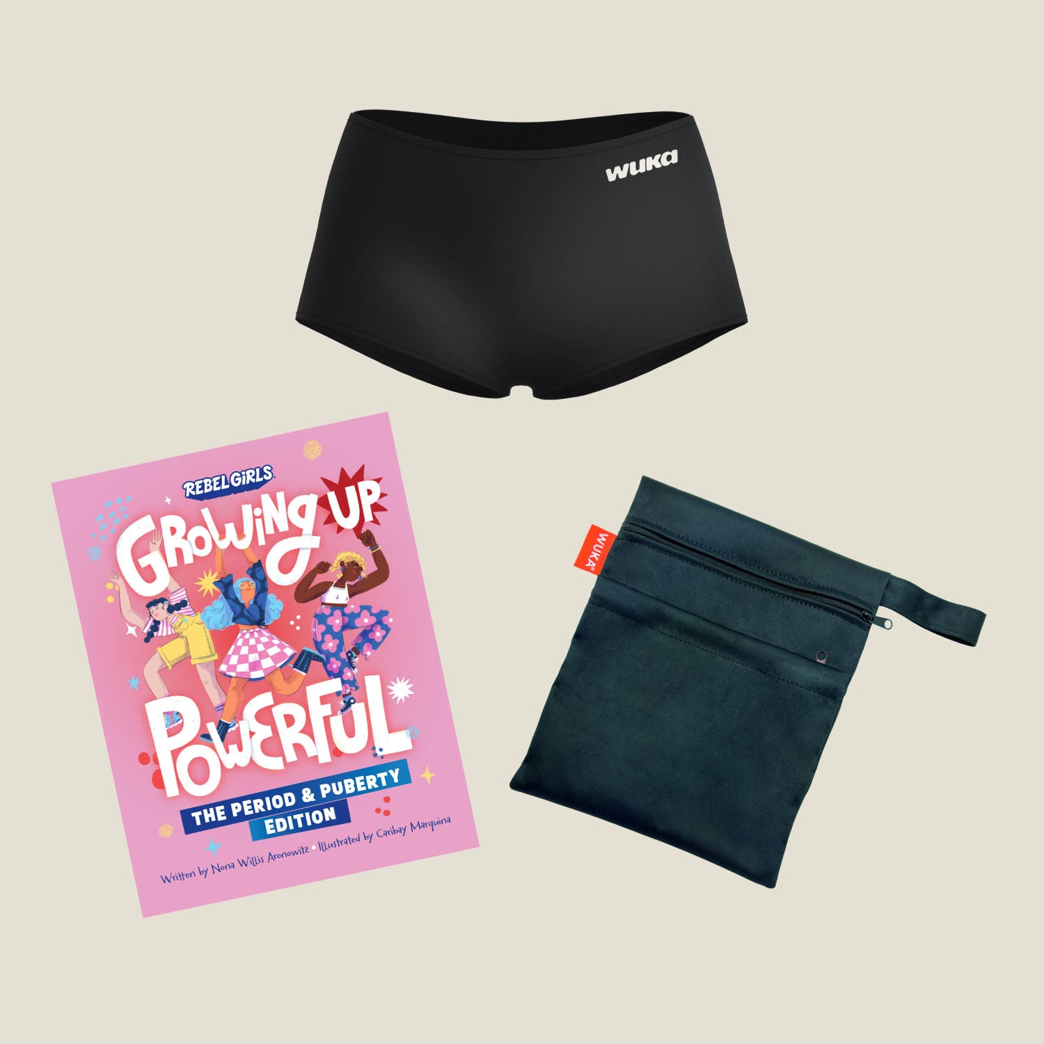 WUKA Teen First Period Pack with black Stretch™ Boxer Short, Rebel Girls 'Growing Up Powerful' puberty book, and discreet waterproof period bag – perfect starter kit for young girls beginning their menstrual journey.