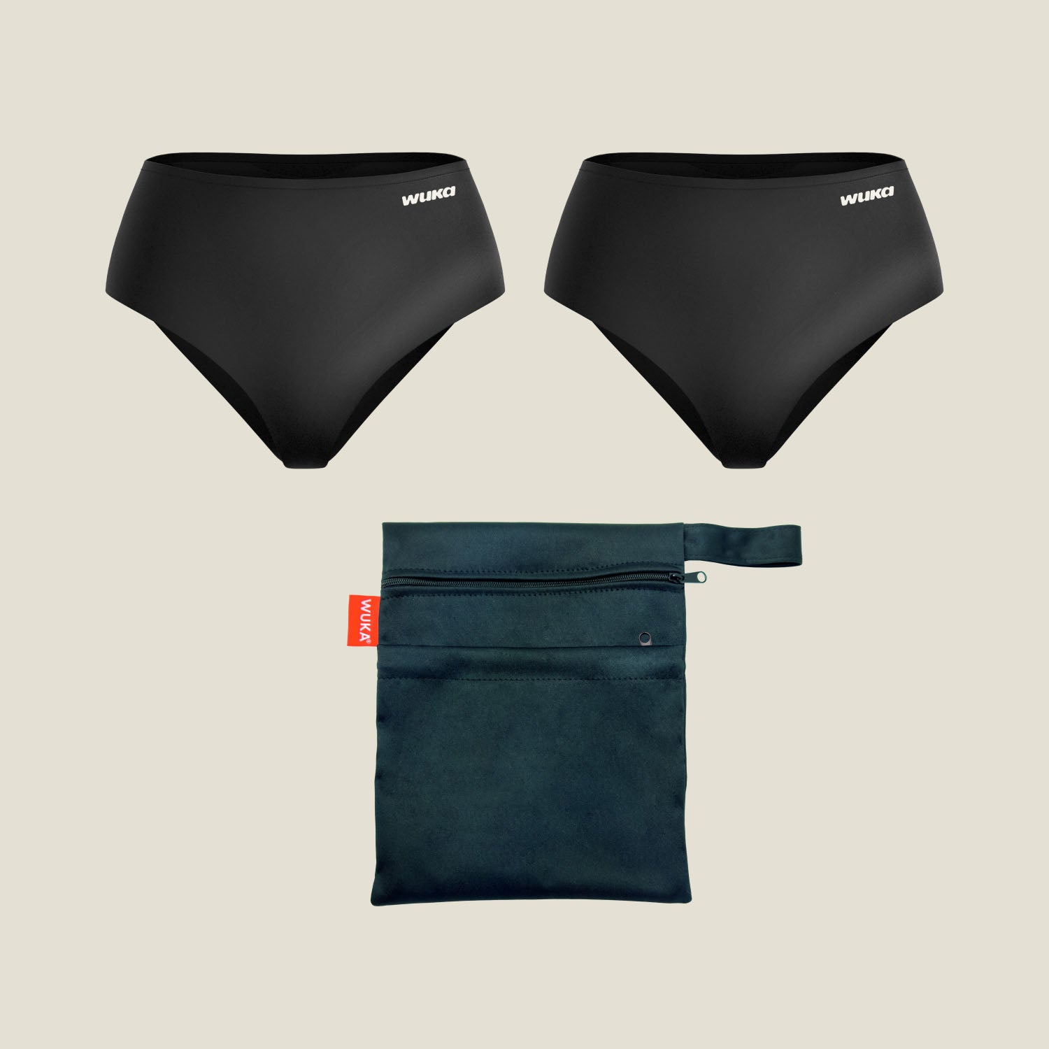 Teen Period School Set – Heavy Flow Black 2-Pack: WUKA Stretch period pants with leak-proof protection and washable carry bag.