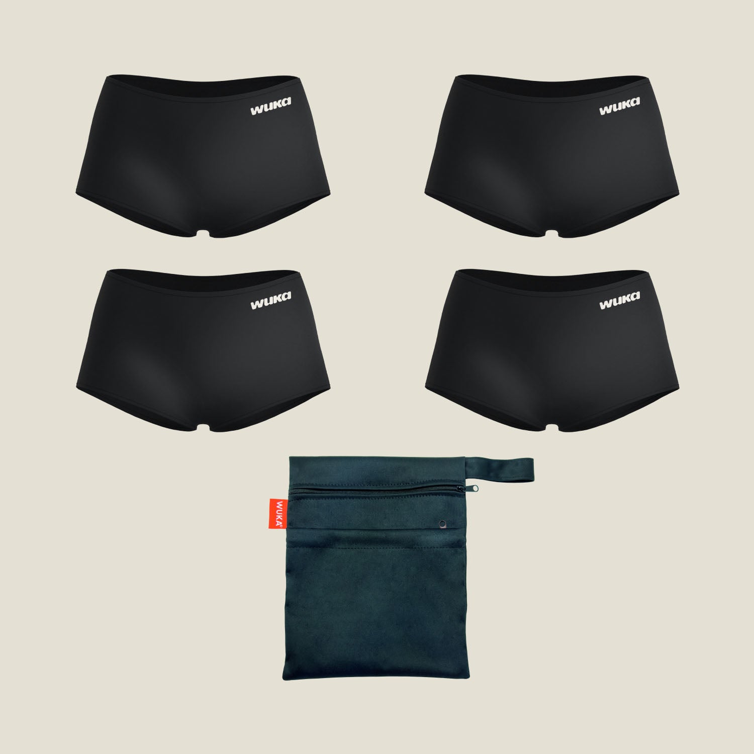 WUKA Teen Sleep Stretch™ Boxer 4 Pack for heavy flow, includes four black period boxers and reusable waterproof washbag.