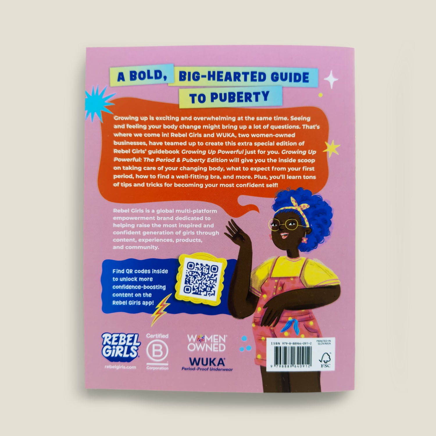 Back cover of "Growing Up Powerful" showcasing a description of the book’s empowering puberty guide, with a bold heading and an illustration of a girl with blue hair and glasses.