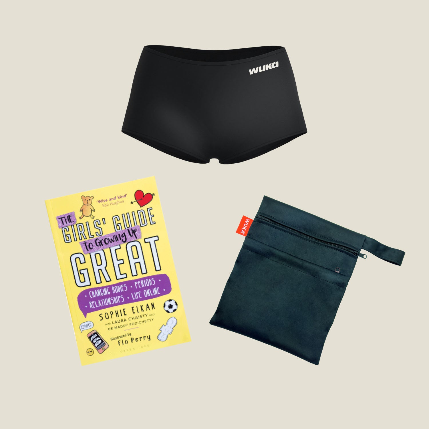 WUKA First Period Pack for teens including black Stretch™ Boxer Short, 'The Girls' Guide to Growing Up Great' puberty book by Sophie Elkan, and discreet waterproof carry bag – ideal gift for a girl’s first period.