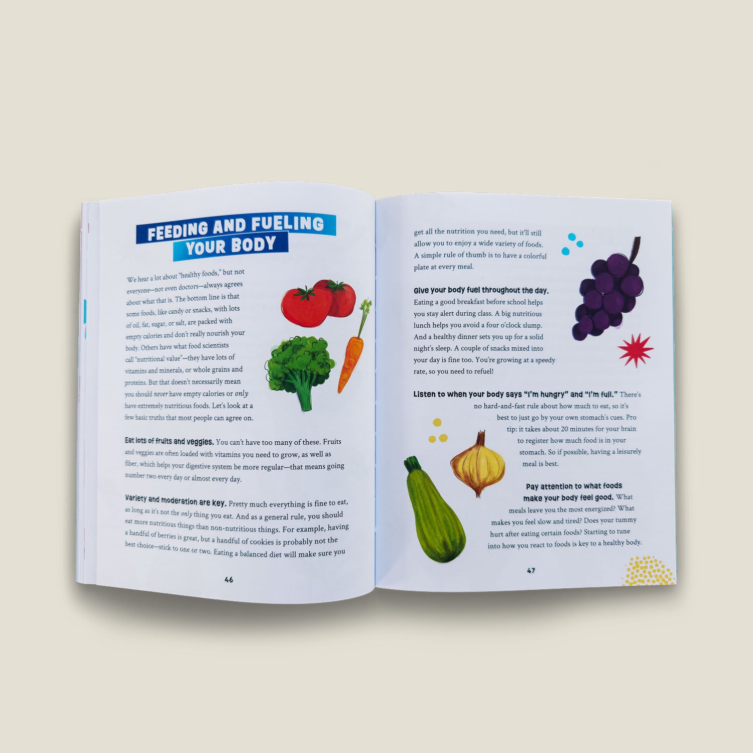Illustrated nutrition tips from "Growing Up Powerful" encouraging a colourful, balanced diet and mindful eating habits for growing bodies.