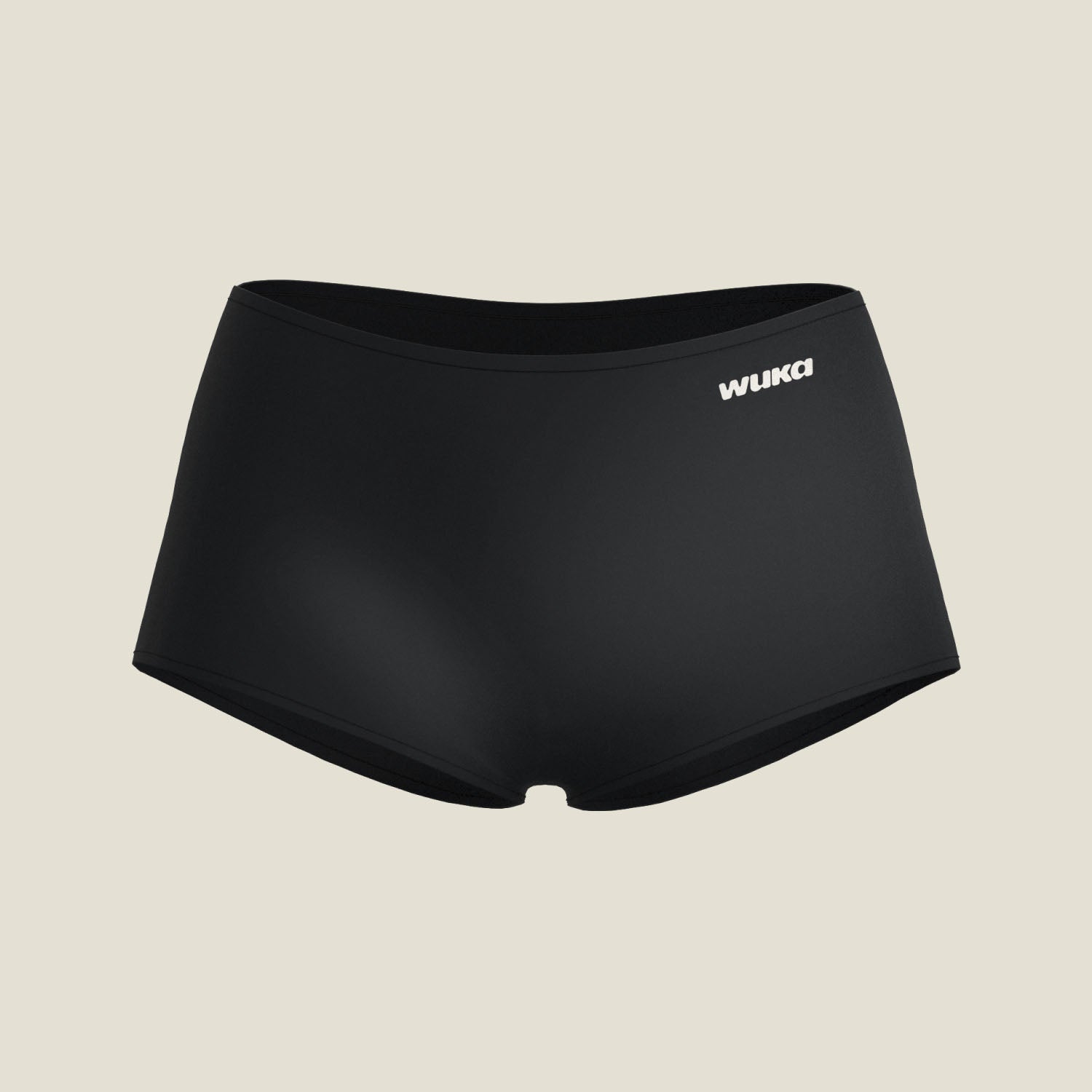 Product cutout of WUKA Stretch™ Boxer Period Pants in black, designed for heavy flow with soft, stretchy fabric and seamless edges.