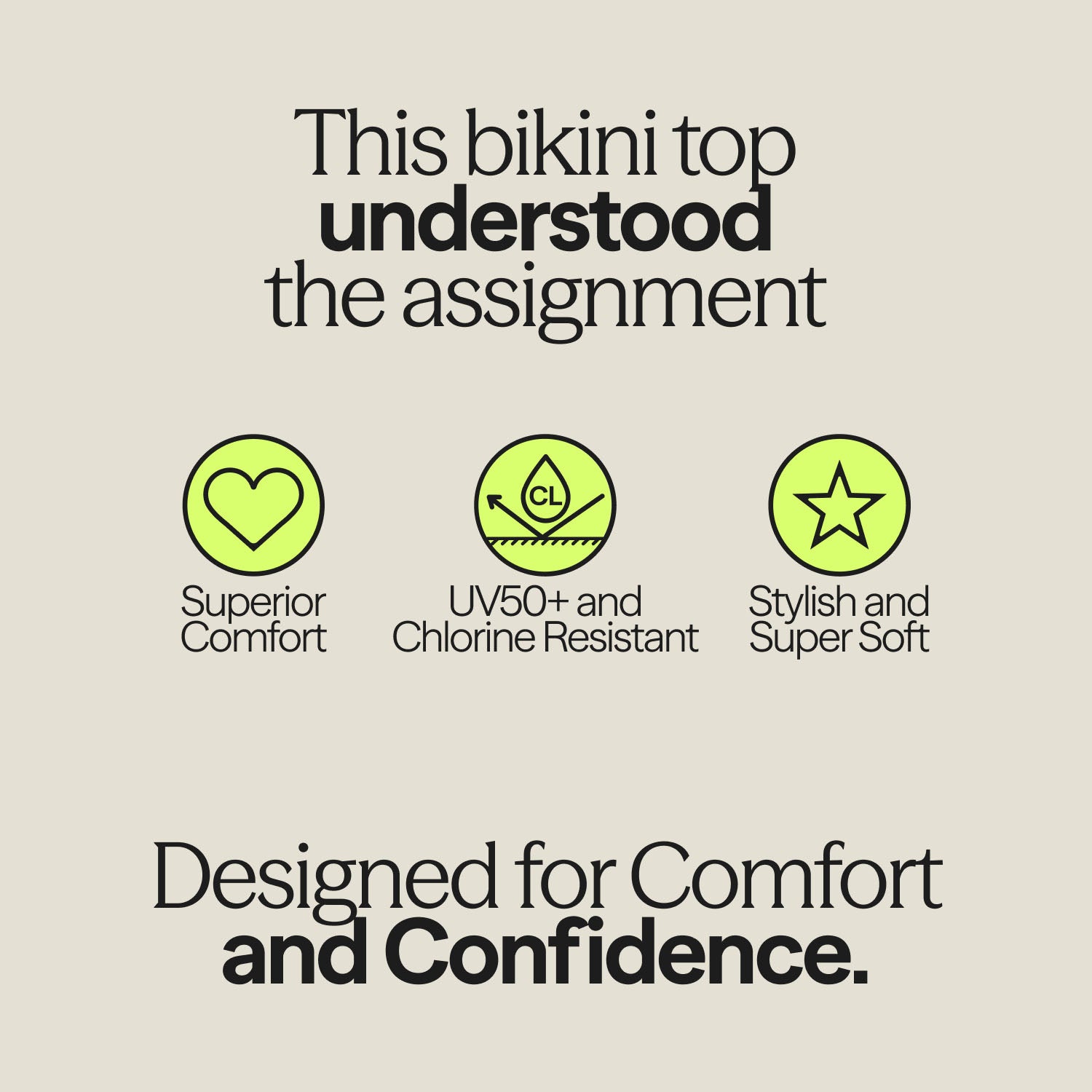 Promotional graphic showing features of the Teen Swim Bikini Top – superior comfort, UV50+ and chlorine resistance, and soft, stylish design for confidence and performance.
