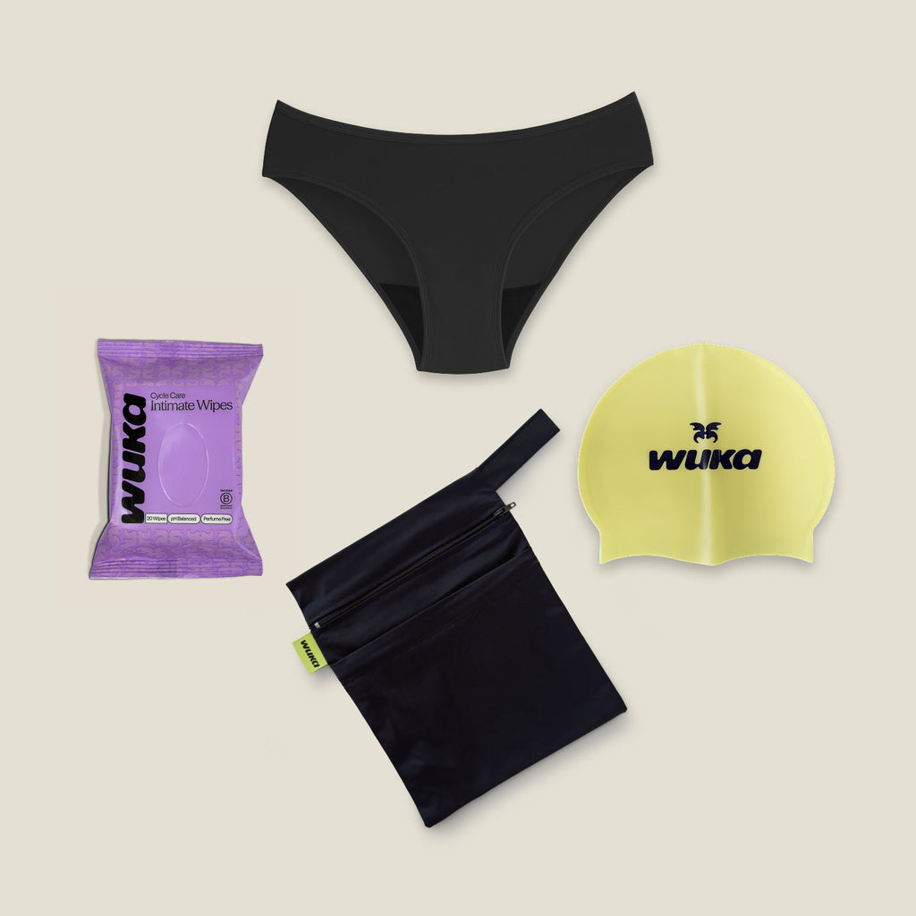 Teen bikini brief period swim starter kit with leak-proof swimwear, waterproof bag, swim cap and intimate wipes by WUKA