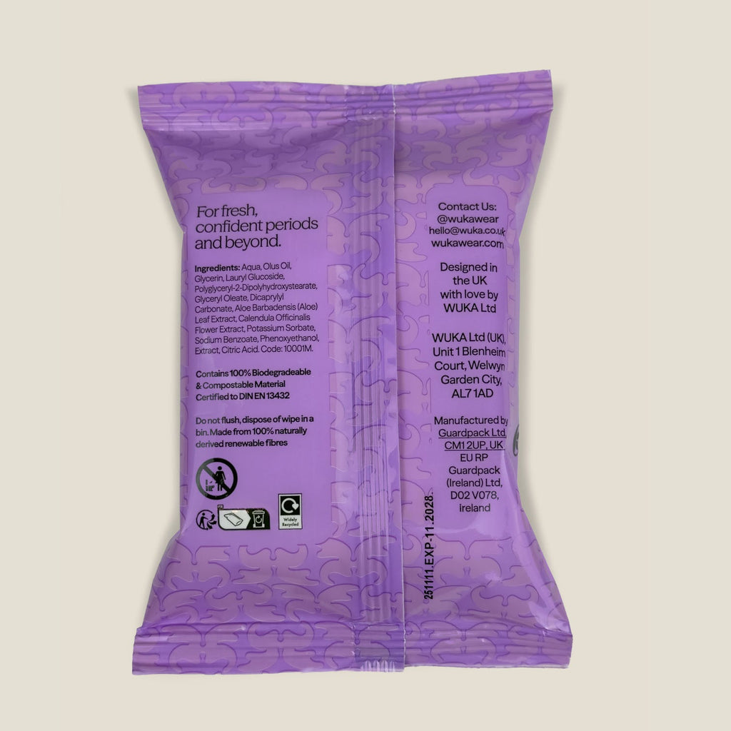 wuka cycle care intimate wipes, purple pack shown from the back with ingredients and contact details