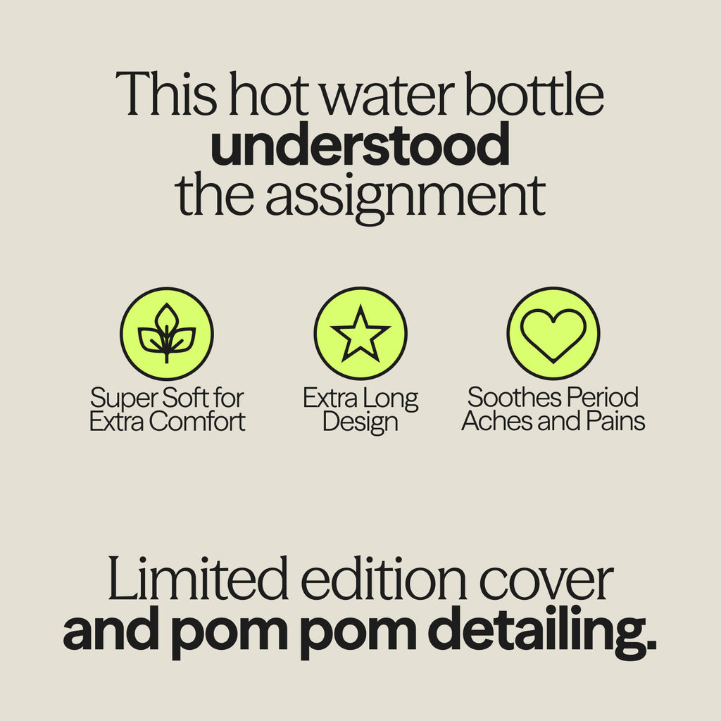 WUKA hot water bottle benefits illustration showing super soft comfort, extra-long design, and pain relief for period cramps.