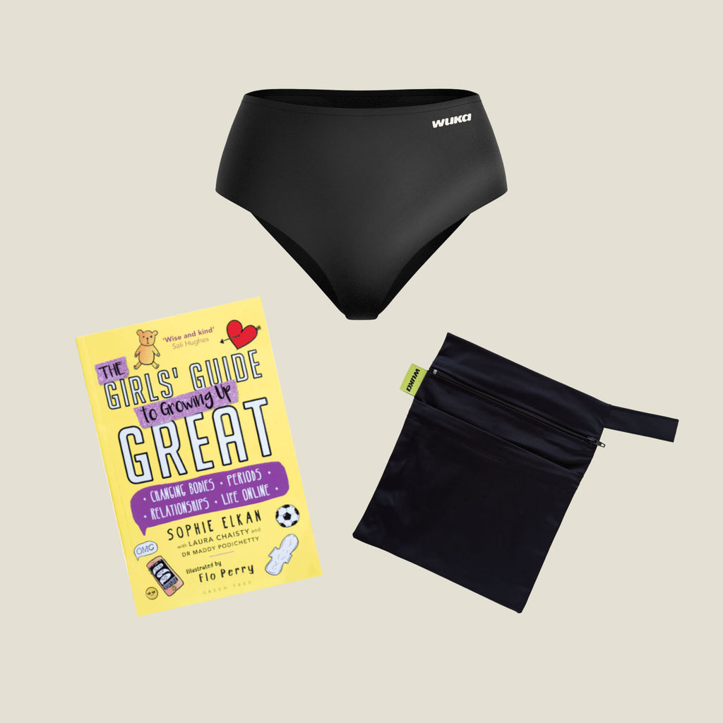 Teen First Period Starter Kit – Super Heavy WUKA Stretch™ High Waist Period Pants, 'The Girls' Guide to Growing Up Great' puberty book, and waterproof wet bag.