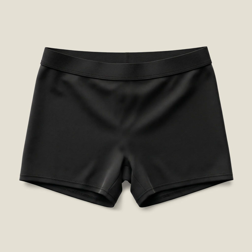 Black period-proof swim shorts for teens with built-in absorbent leak protection for swimming on periods