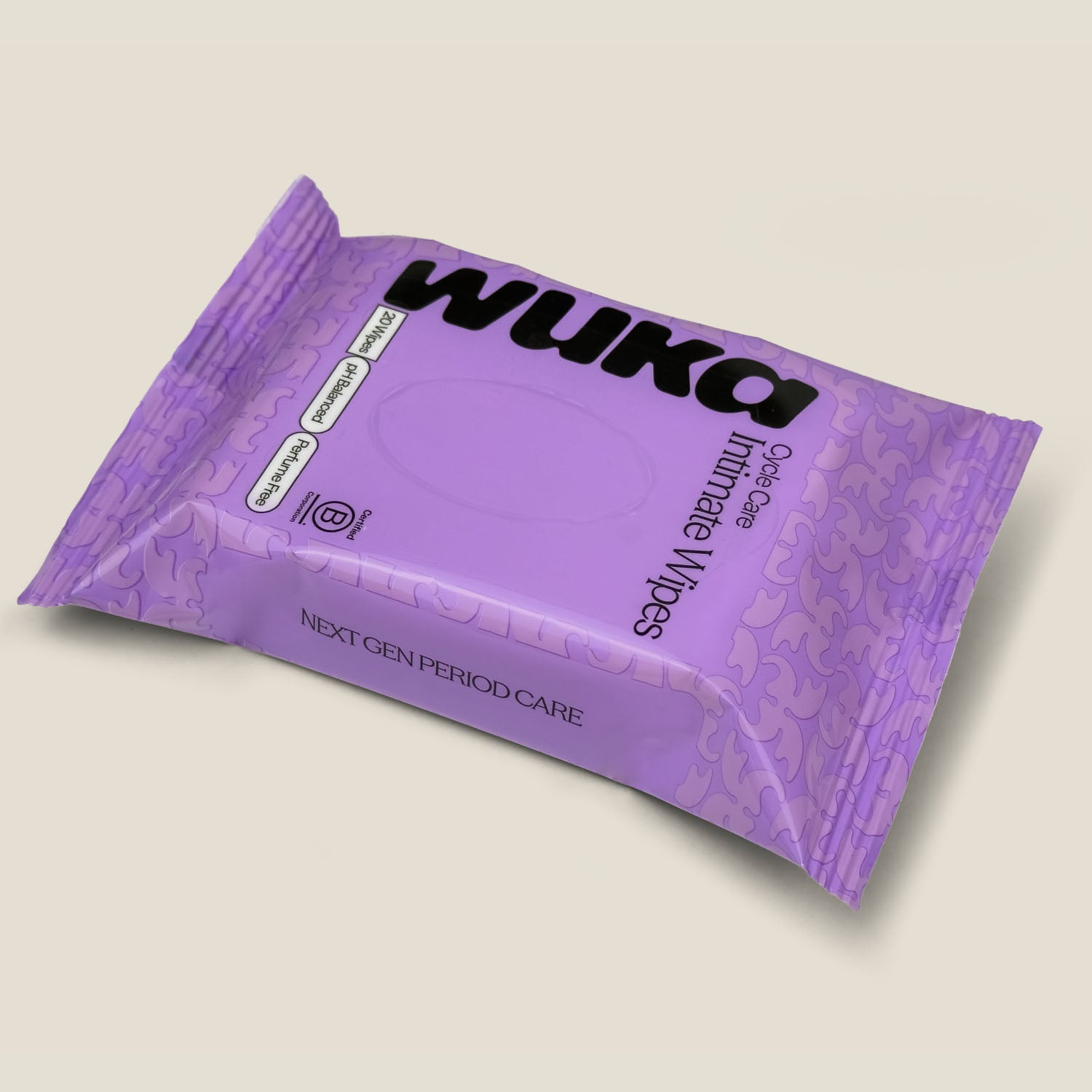 WUKA Intimate Wipes pack in lavender, showing eco-friendly, biodegradable wipes made for gentle and hygienic period care on the go