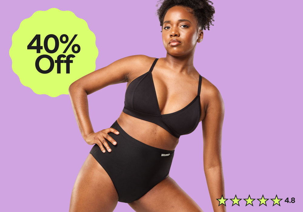 Limited time flash sale - 40% off on our Super Heavy Flow period underwear. Featuring woman with hands on hips wearing our Stretch Super Heavy Flow Period Pants