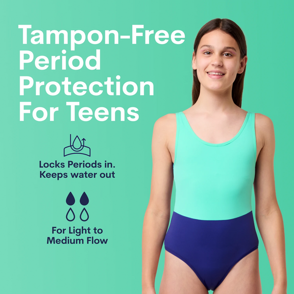 teen two-tone period swimwear - tampon free protection. Locks periods in, keeps water out